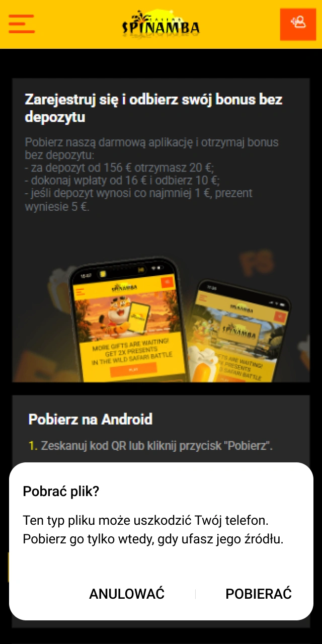 Zatwierdź pobieranie pliku instalacyjnego Spinamba w oknie ostrzegawczym przeglądarki internetowej.