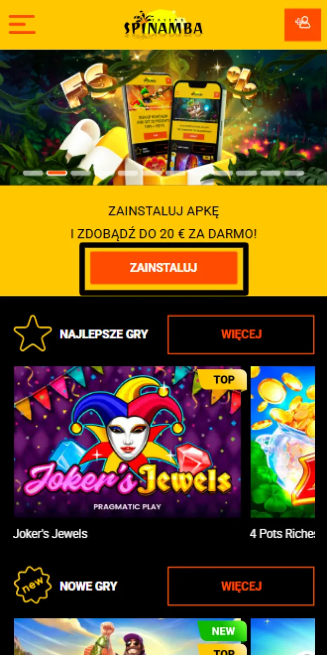 Kliknij przycisk pobierania na oficjalnej stronie mobilnej Spinamba, aby rozpocząć proces przekierowania do instalacji na systemie iOS.