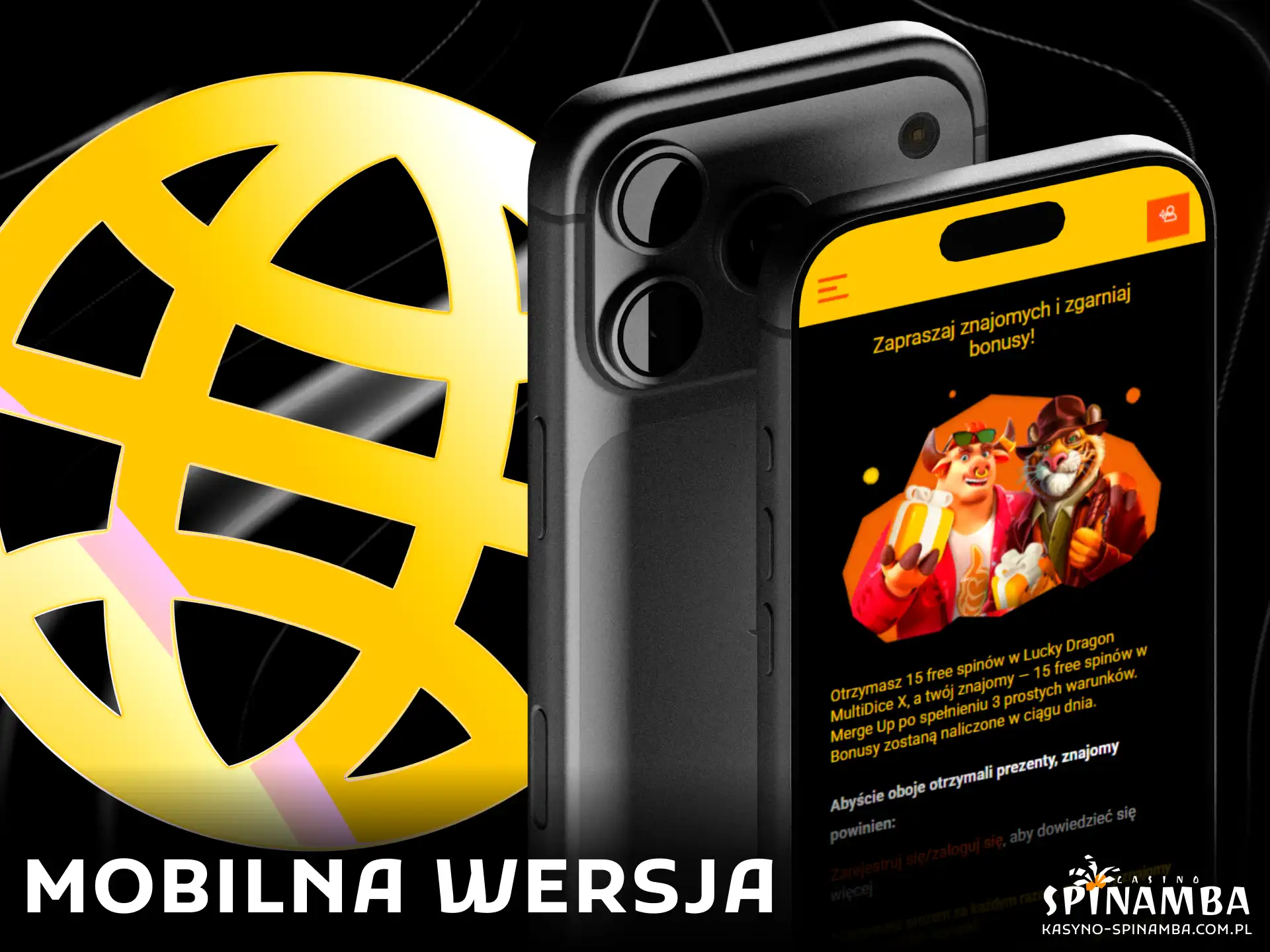 Responsywny interfejs mobilnej wersji strony internetowej Spinamba otwartej w przeglądarce telefonu.
