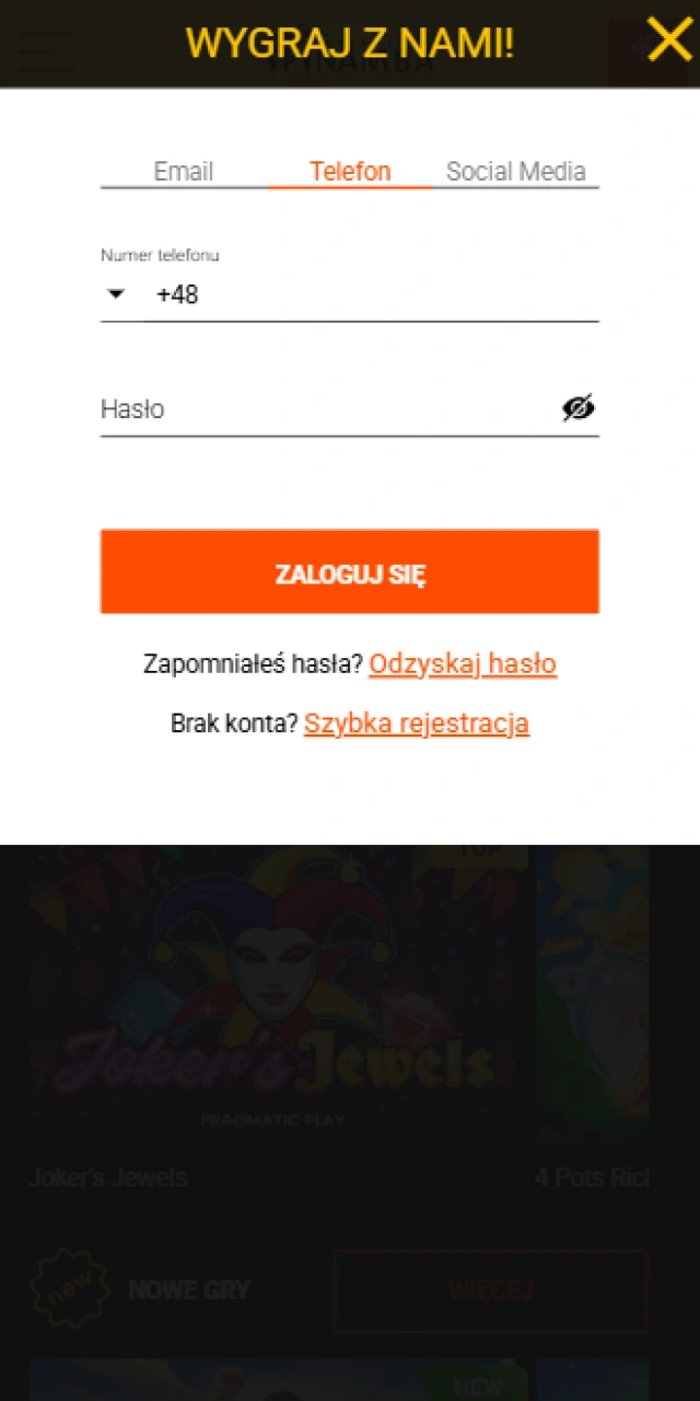 Panel logowania do profilu użytkownika w aplikacji mobilnej Spinamba.