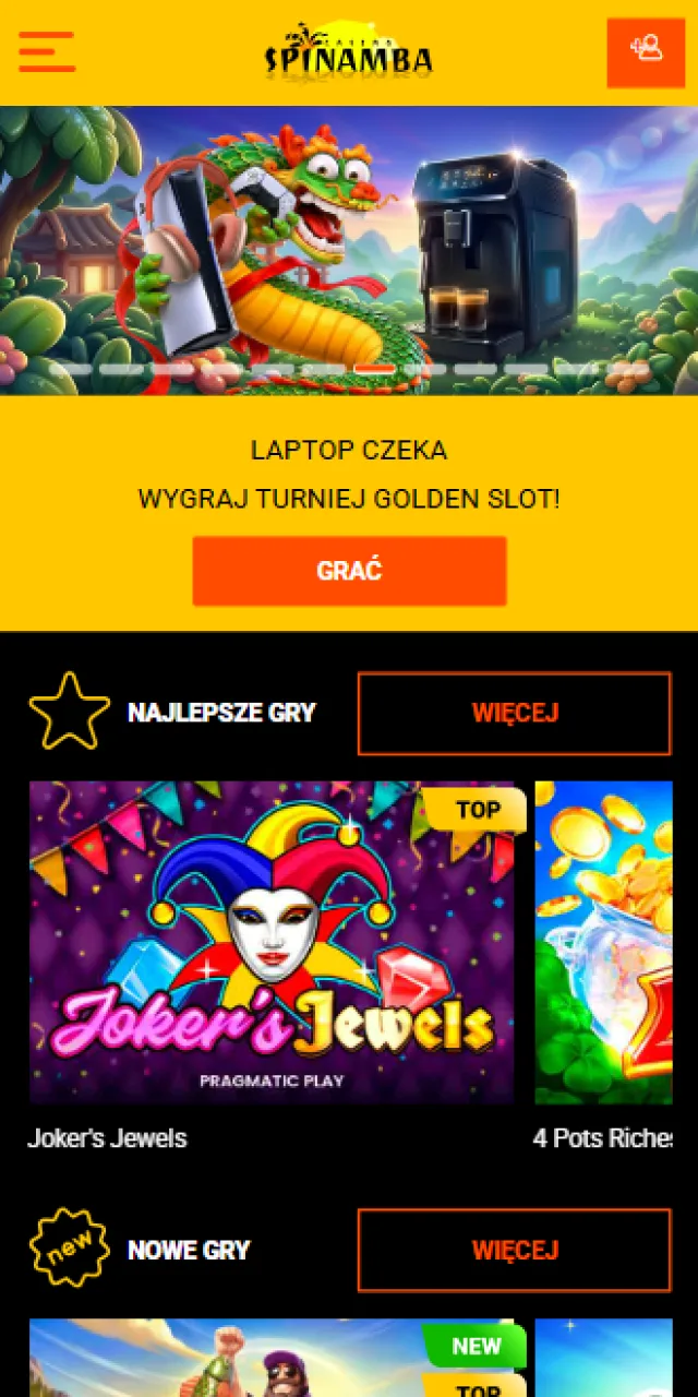 Widok interfejsu głównego w aplikacji mobilnej Spinamba na ekranie smartfona.