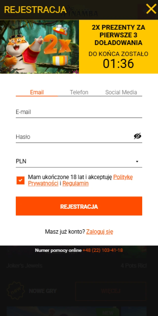 Ekran formularza szybkiej rejestracji nowego konta w aplikacji mobilnej Spinamba.