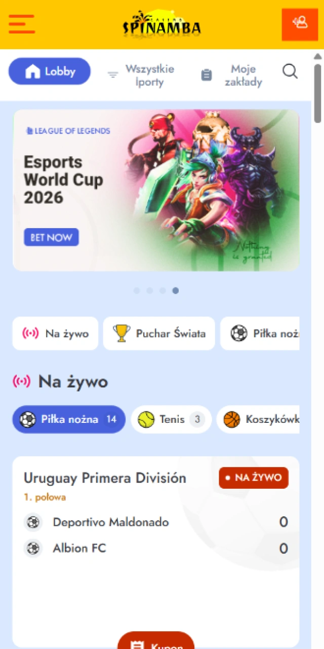 Sekcja zakładów sportowych i kursów bukmacherskich w aplikacji mobilnej Spinamba.