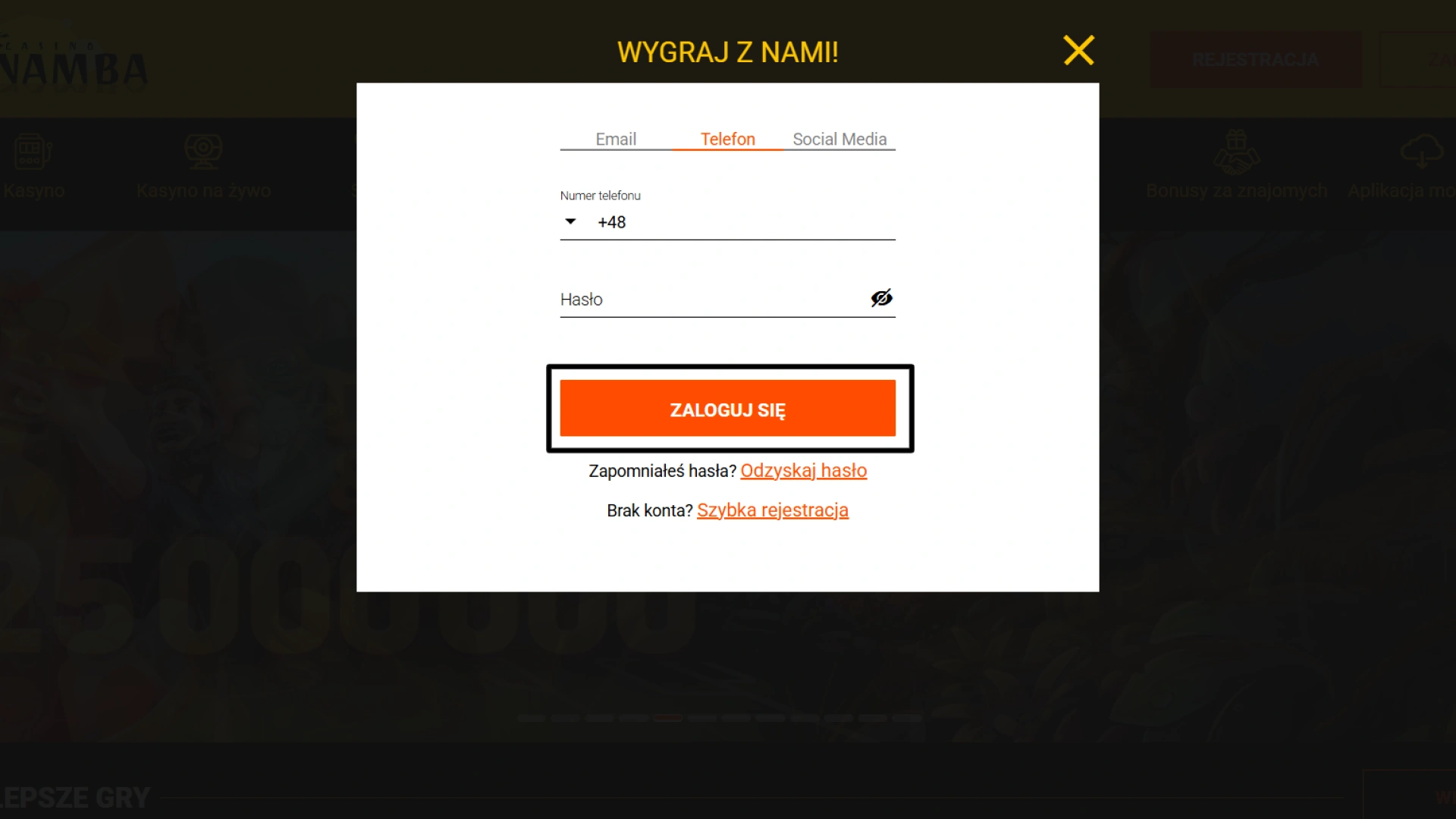 Kliknij żółty przycisk logowania, aby zatwierdzić dane i uzyskać dostęp do swojego profilu gracza w Spinamba.