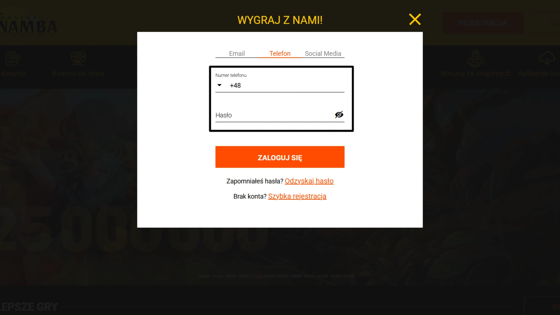 Wpisz swój adres e-mail lub numer telefonu oraz bezpieczne hasło do swojego konta w formularzu logowania Spinamba.