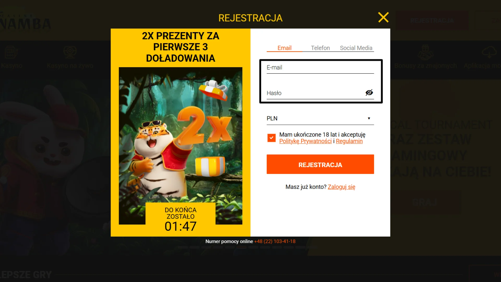 Wpisz swój aktywny adres e-mail oraz stwórz silne, unikalne hasło do logowania w serwisie Spinamba.
