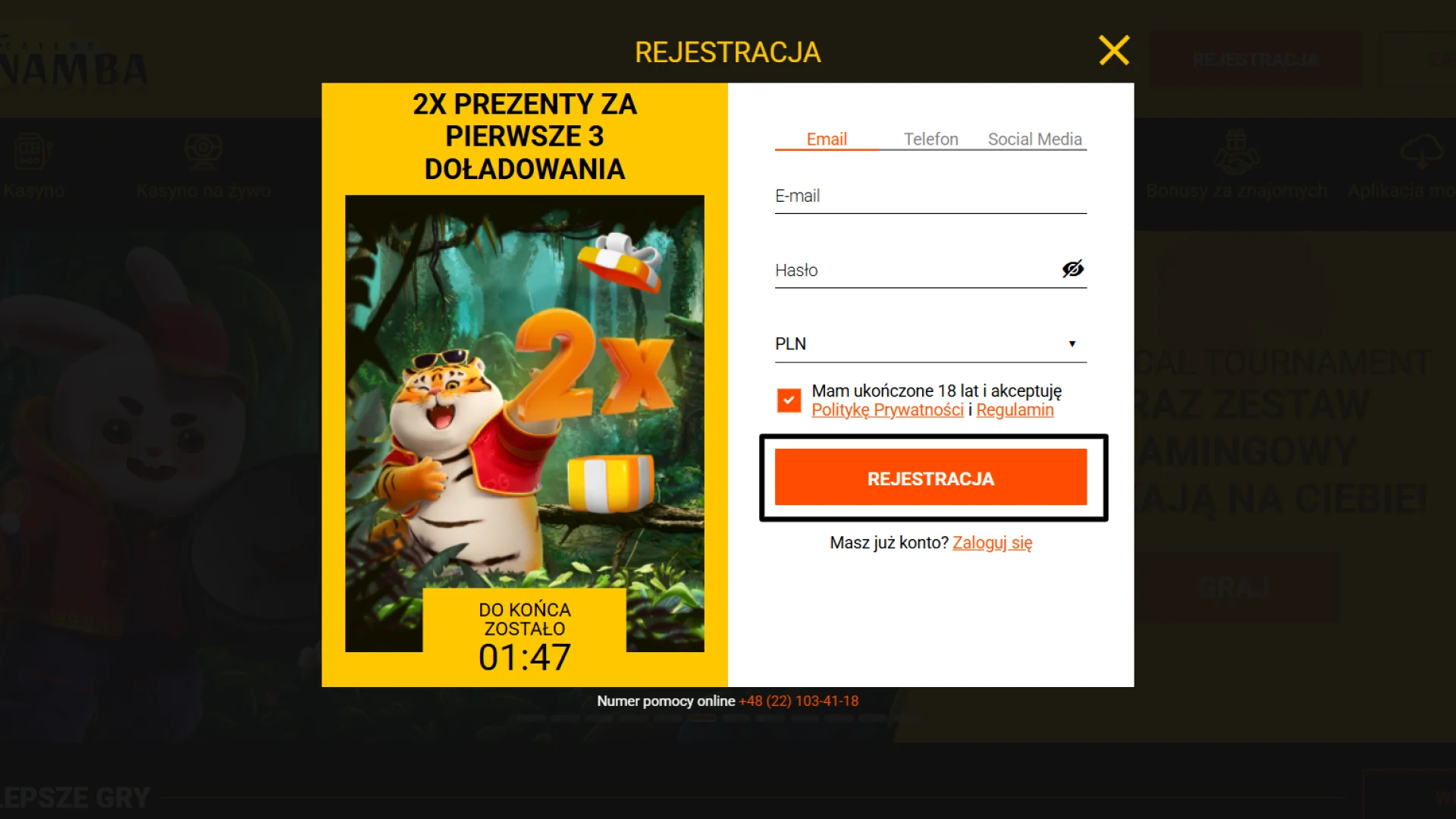 Zaakceptuj regulamin oraz politykę prywatności serwisu i kliknij przycisk końcowy, aby pomyślnie utworzyć profil gracza w Spinamba.