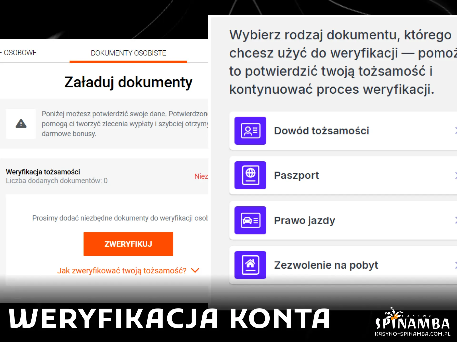Dowiedz się, jak krok po kroku przejść procedurę KYC i zweryfikować swoją tożsamość poprzez przesłanie wymaganych dokumentów do Spinamba.