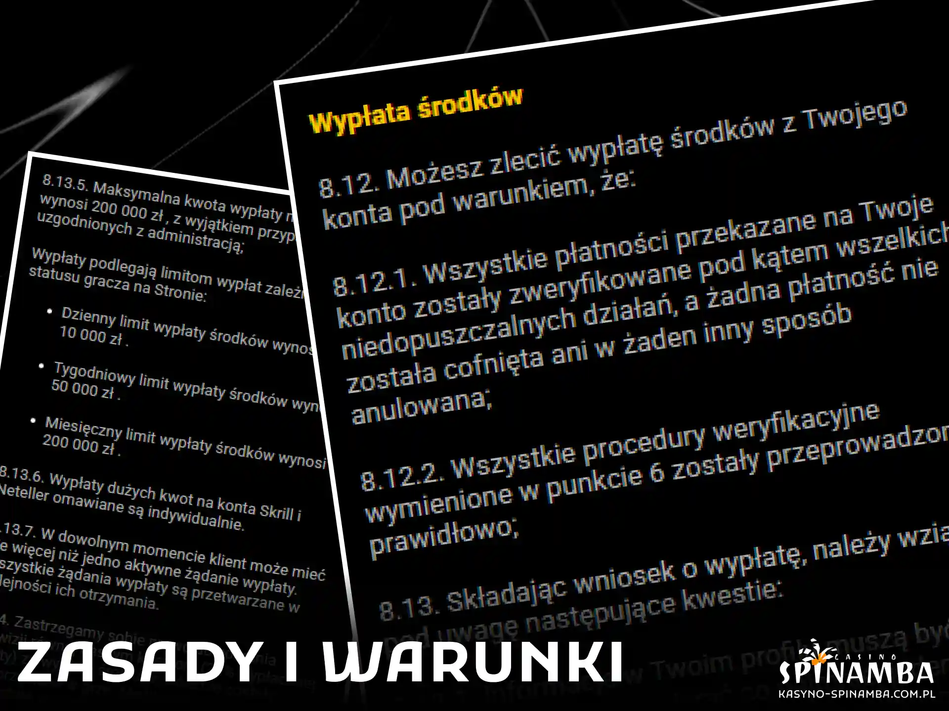 Zapoznaj się z oficjalnym regulaminem, warunkami oraz wymogami dotyczącymi realizacji bezpiecznych wypłat wygranych z konta Spinamba.